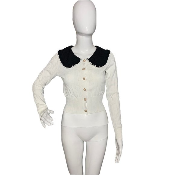 Zara Tops - ZARA Sweater S White Black Collared Knit Long Sleeves Crop Top Stretch Button Up